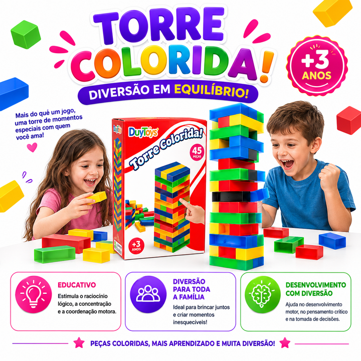 Jogo Torre Colorida Caiu Perdeu 45 Peças Infantil