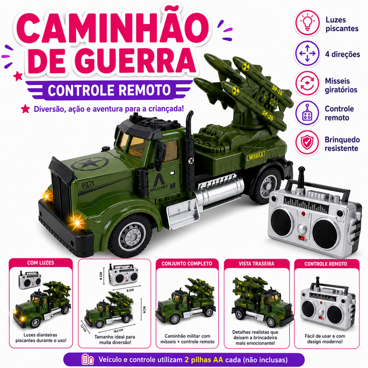 Caminhão de Guerra Controle Remoto Luzes Leds e Mísseis