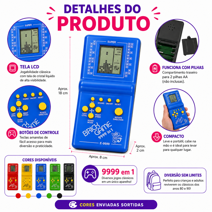 Mini Game Portátil Brick Game 9999 em 1 Retrô Tetris