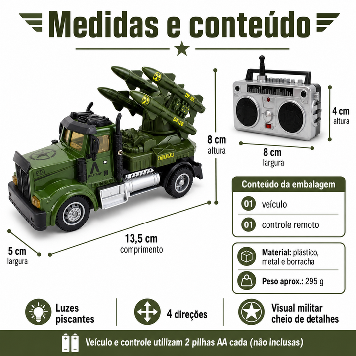 Caminhão de Guerra Controle Remoto Luzes Leds e Mísseis