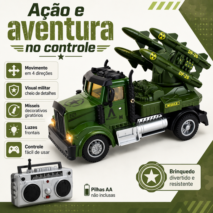 Caminhão de Guerra Controle Remoto Luzes Leds e Mísseis