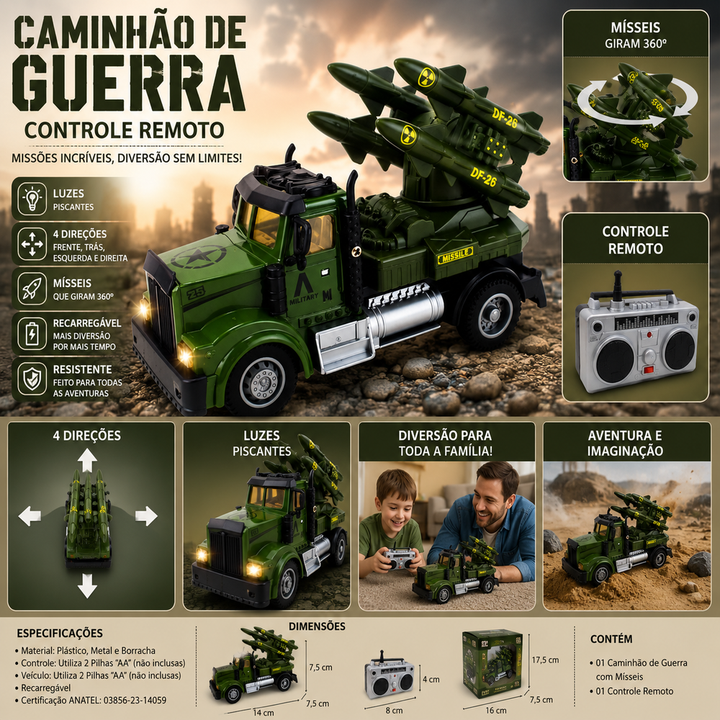 Caminhão de Guerra Controle Remoto Luzes Leds e Mísseis