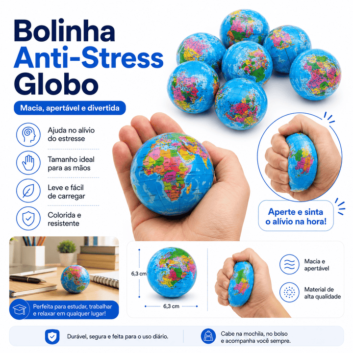 Bolinha Anti-Stress Globo Mapa Mundi Macia Apertável Squishy