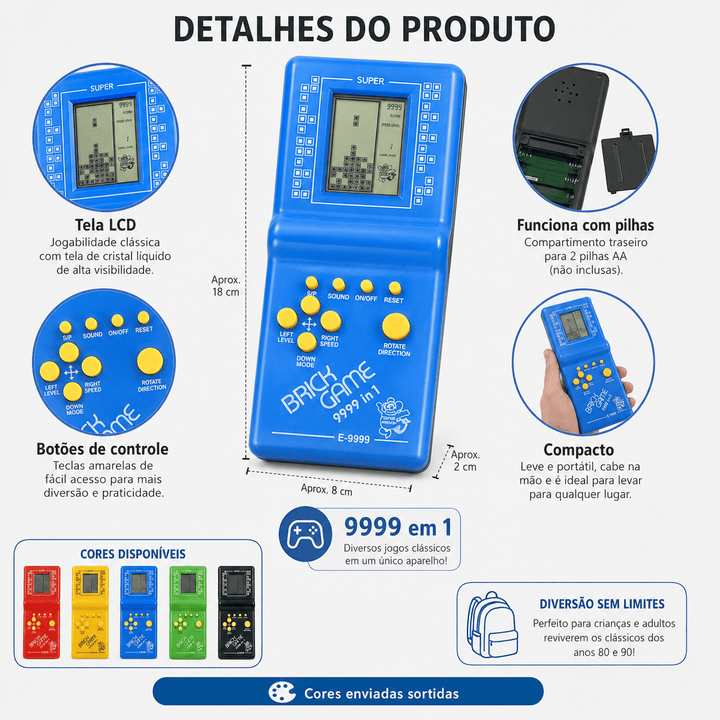 Mini Game Portátil Brick Game 9999 em 1 Retrô Tetris