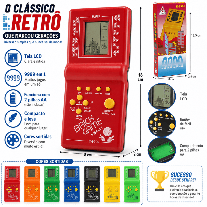 Mini Game Portátil Brick Game 9999 em 1 Retrô Tetris