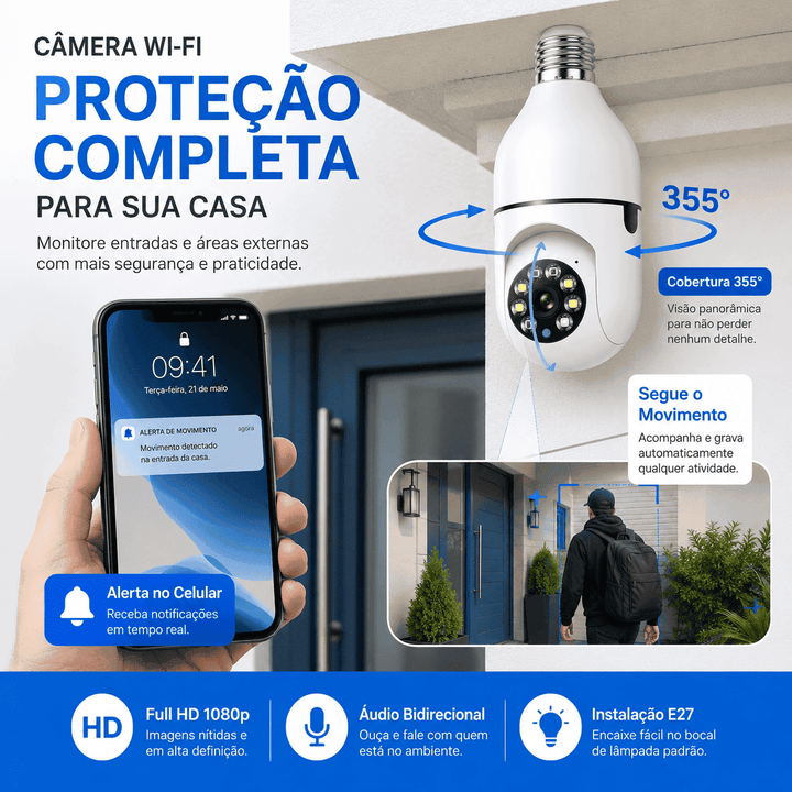 Câmera Lâmpada Smart Wi-Fi Proteja Sua Casa Pelo Celular