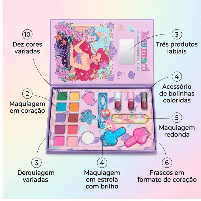 Kit Maquiagem Pop Infantil Sereia Estojo e vários Acessórios
