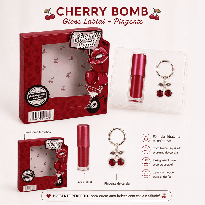 Gloss Labial Cherry Bomb Cereja com Chaveiro Pingente