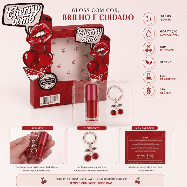Gloss Labial Cherry Bomb Cereja com Chaveiro Pingente