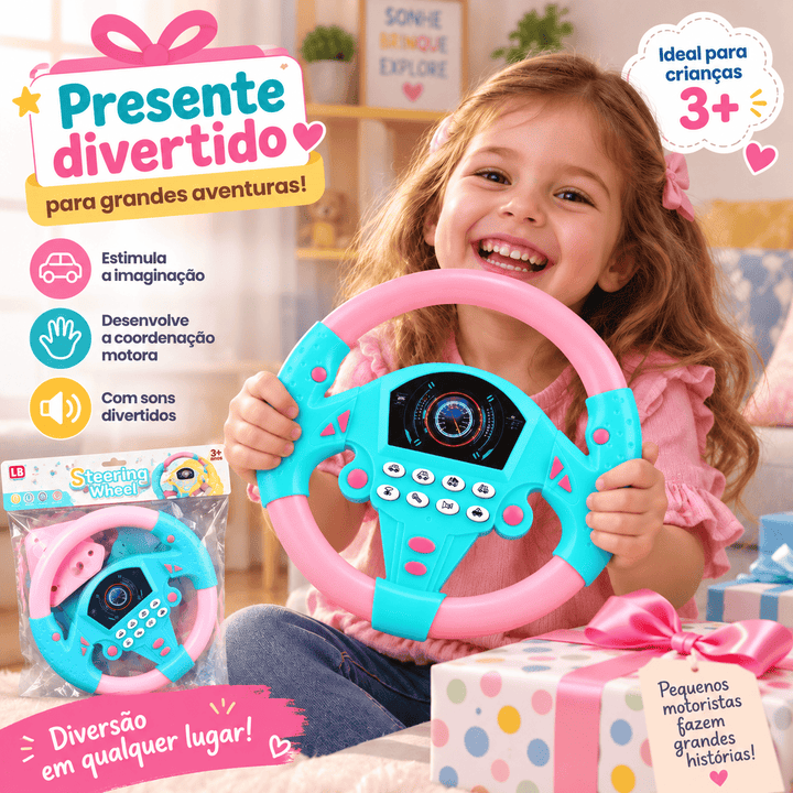 Volante Rosa Infantil Interativo com Som Ventosa Brinquedo