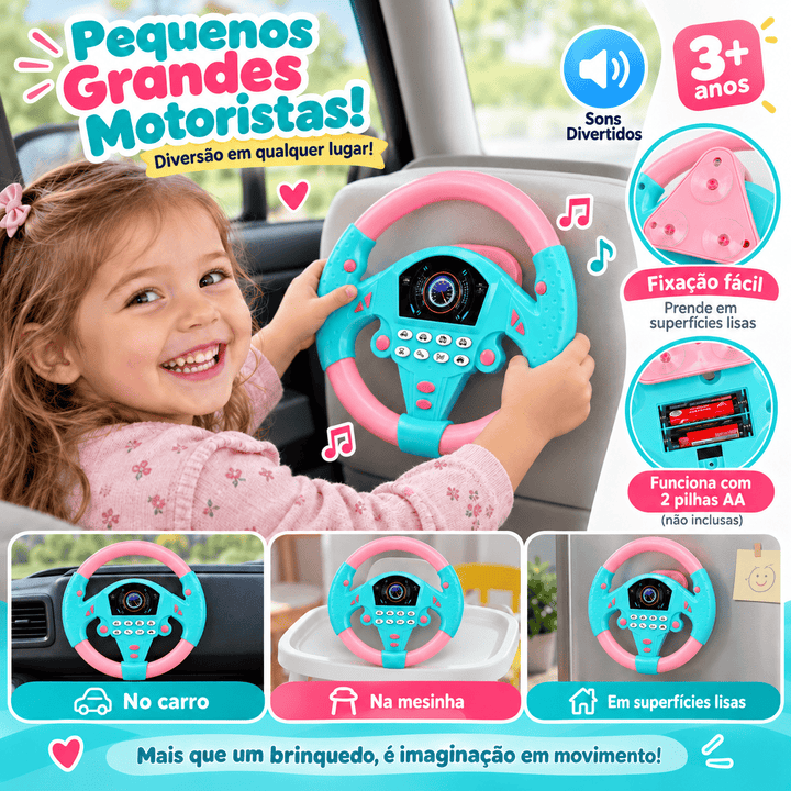 Volante Rosa Infantil Interativo com Som Ventosa Brinquedo