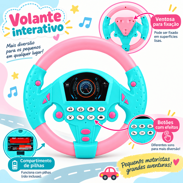 Volante Rosa Infantil Interativo com Som Ventosa Brinquedo
