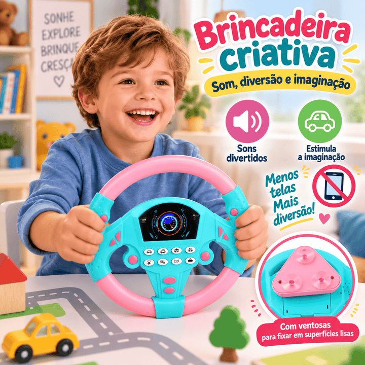Volante Rosa Infantil Interativo com Som Ventosa Brinquedo