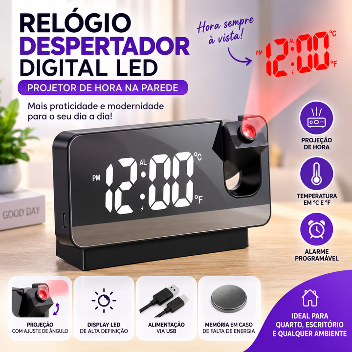 Relógio Despertador Digital Led Projetor De Hora Na Parede
