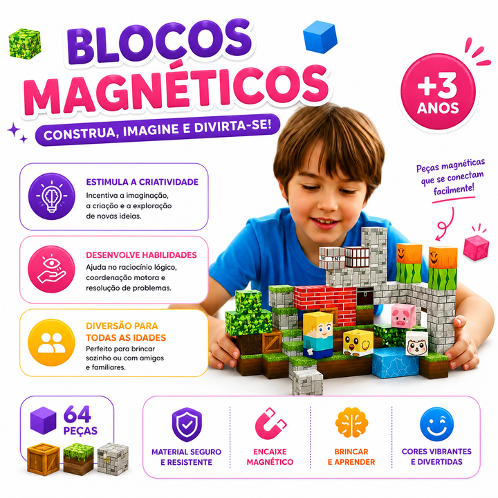 Kit 80 Blocos Magnéticos Cubos Fazenda 80 Peças